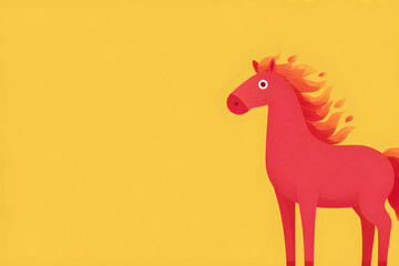 Pink horse with flowing mane facing right. Cartoon animal illustration with blank copy space. Cute equine character design for children book.