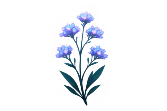 Fantasy glowing plant illustration with bioluminescent blue and purple flowers on transparent background