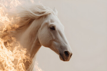 Headshot of a white horse with flames around its mane, signifying power and strength. Fiery equine abstract art for conceptual design.