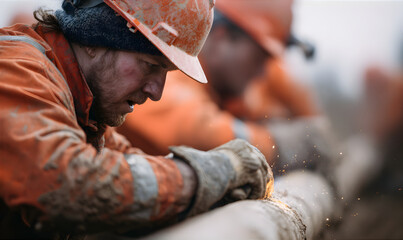Worker welding pipe outdoors. Construction worker doing heavy industrial work on pipeline. Dirty work labor concept.
