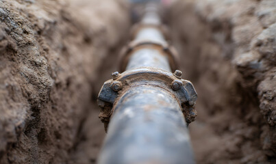 Pipeline buried in dirty trench below ground. Construction of infrastructure for water, gas, or sewage system. Industrial plumbing work.