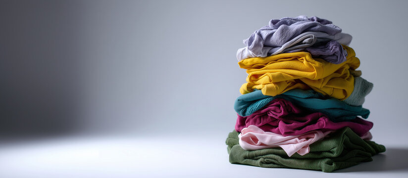 tall piles of colorful laundry clothes isolated on white background, messy stacks of fabric in different colors and textures, domestic chores concept, chaos and clutter theme, clea