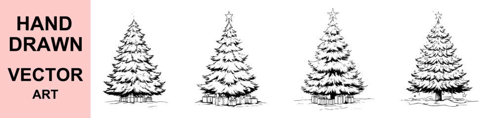 Hand drawn decorated Christmas tree vector illustration, festive holiday pine with gifts and star, black and white doodle art for winter celebration, greeting cards and seasonal design