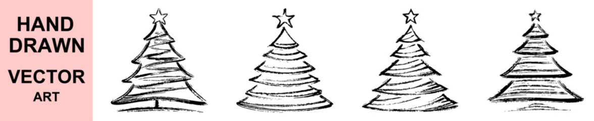 Hand drawn Christmas tree vector illustration, sketch style holiday pine tree with star, black and white festive doodle art for greeting cards, decoration and winter design