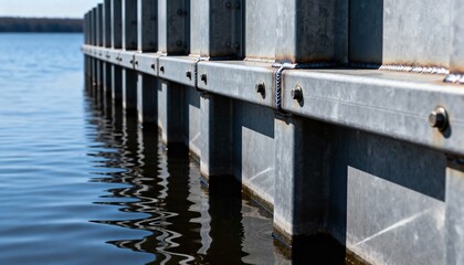 Closeup medium shot of steel braces reinforcing a water retaining wall showcasing industrial strength by a lake edge.