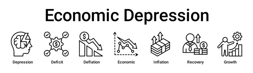 Economic Depression banner web icon vector illustration concept for business with icon of Depression, Deficit, Deflation, Economic, Inflation, Recovery.