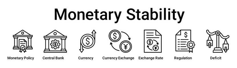 Monetary Stability banner web icon vector illustration concept for business with icon of Monetary Policy, Central Bank, Currency, Currency Exchange, Exchange Rate, Regulation.