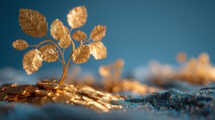 Golden Coins And Delicate Gold Leaves Artwork Symbolizing Wealth, Growth, And Prosperity