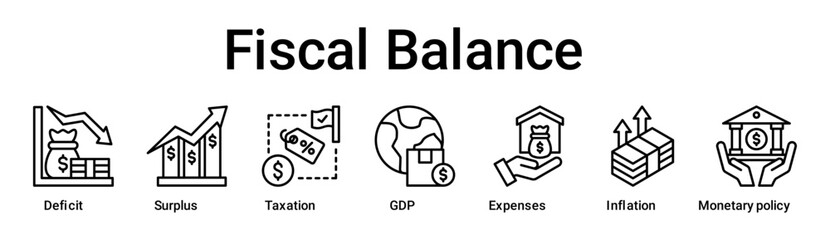 Fiscal Balance banner web icon vector illustration concept for business with icon of Deficit, Surplus, Taxation, GDP, Expenses, Inflation, Monetary.