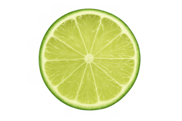 Fresh lime citrus fruit slice on transparent background, showing juicy pulp and vibrant green color