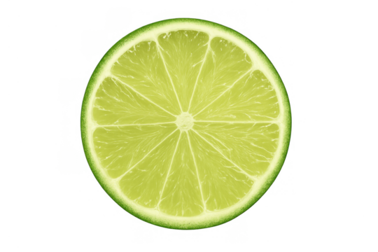 Fresh lime citrus fruit slice on transparent background, showing juicy pulp and vibrant green color