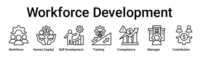 Fototapeta premium Workforce Development banner web icon vector illustration concept for business with icon of Workforce, Human Capital, Self Development, Training, Competence, Manager.