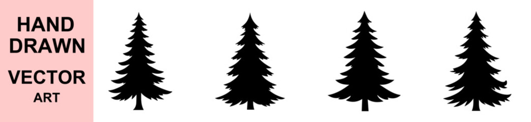 Black silhouette pine tree vector illustration, simple minimalist forest evergreen design, isolated tree shape art, natural outline icon for landscape, eco, holiday and outdoor projects
