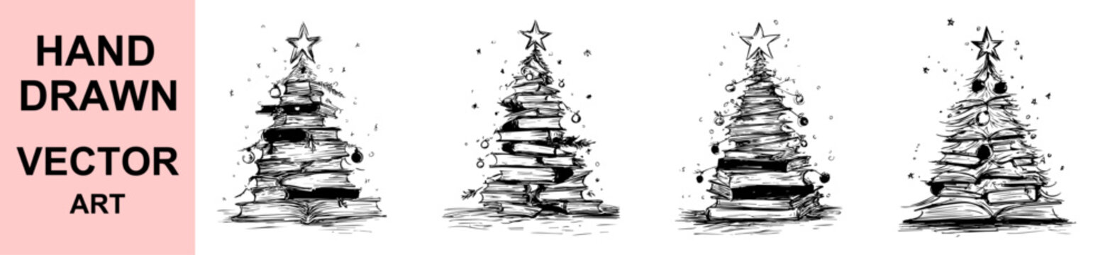 Hand drawn Christmas tree made of books vector illustration, creative holiday book tree sketch with decorations and star, black and white festive doodle art for winter design