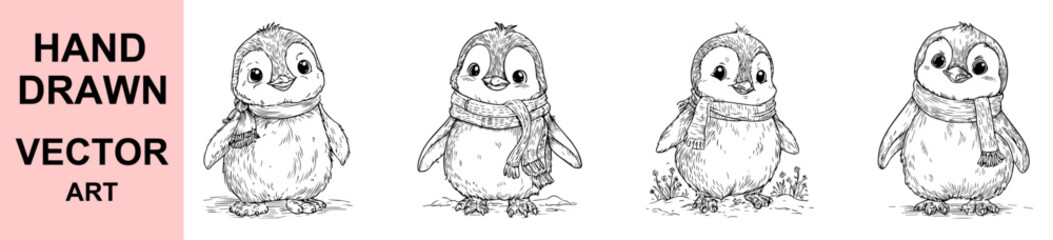 Adorable hand drawn penguin vector art illustration wearing winter scarf, cute baby bird character, festive Christmas and New Year holiday design for greeting cards and decor.