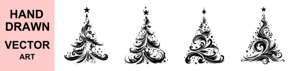 Elegant hand drawn Christmas tree vector set with intricate swirling ornament design, decorative festive fir trees illustration, black and white holiday art collection for print and design.