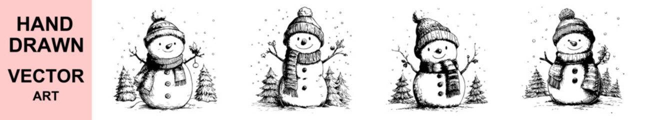 Hand drawn snowman vector art illustration with winter forest background, cute snow figure in hat and scarf, holiday seasonal design for Christmas greeting and decoration.