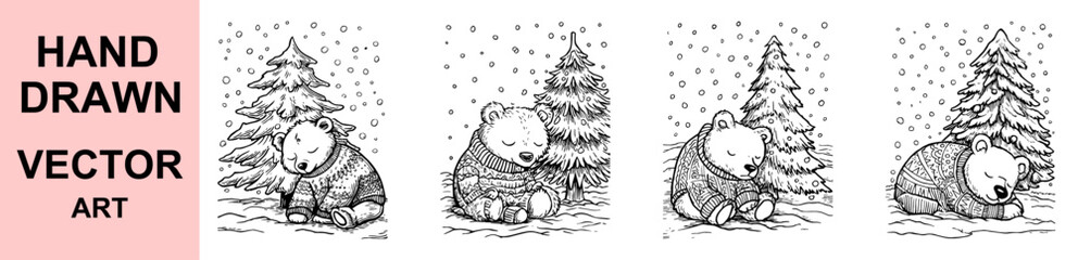 Hand drawn winter bear vector illustration sleeping under pine tree, cozy forest animal wearing sweater, adorable Christmas holiday art design for greeting cards and prints.