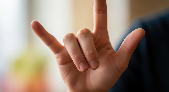 Close-up of hand making i love you sign in american sign language