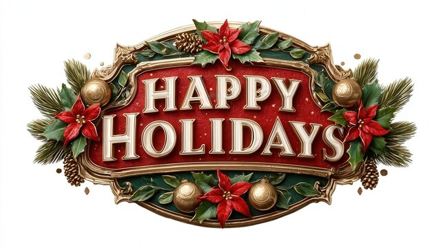 3d Round logo for a t-shirt design with the words "Happy Holidays" featuring an illustration of classic Christmas elements like holly, christmas trees, ornaments. banner sign, solid white