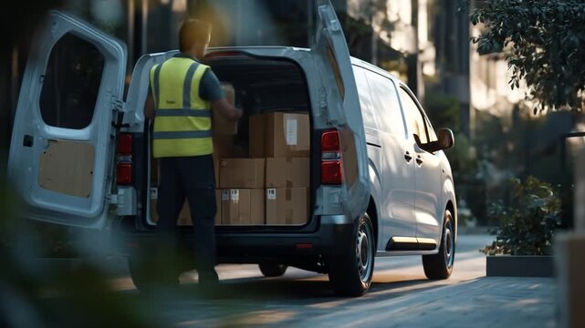 Delivery worker loading boxes into a white cargo van with open doors on a street