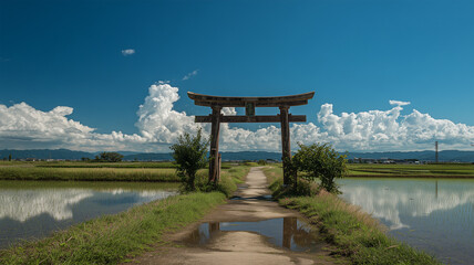水田に佇む鳥居と広がる夏空のコントラスト