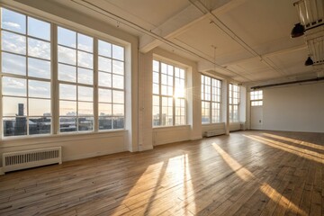 Obraz premium Bright and Spacious Empty Room With Large Windows and Wooden Floor