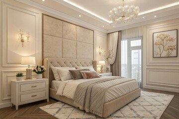 Fototapeta premium Modern and Elegant Bedroom Design With Soft Lighting and Minimal Decor