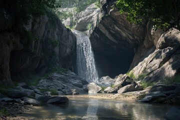 Waterfall cascading into a serene pool in a rocky landscape surrounded by lush greenery