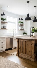 Stylish Kitchen Interior: A bright, modern kitchen interior, with wooden island, contemporary lighting and stylish details. A space of elegance and function.