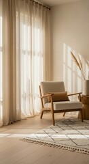 Serene Living Space: A tranquil corner of a stylish room bathed in soft sunlight, featuring a comfortable armchair, flowing curtains, and elegant décor that fosters a sense of calm and relaxation.