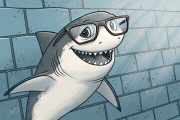 Smiling Shark in Glasses Swimming Among Blue Bricks in a Cartoon Style