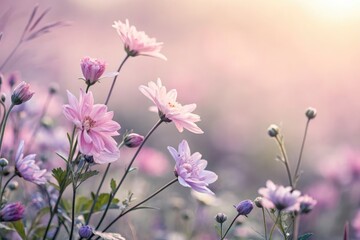 Fototapeta premium Delicate Pink Flowers Blooming in a Serene Garden During Sunset