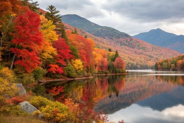 Fototapeta premium Vibrant Autumn Colors Reflect on a Serene Lake in a Mountainous Landscape