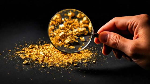 Video, gold material, industry, mining, hands holding a magnifying glass examining gold ore.