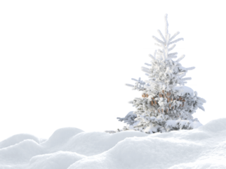 Snow-covered Christmas tree with cones on white snow isolated on transparent background