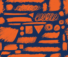 Charcoal pencil seamless pattern orange curly lines and squiggles, wide strokes, brush. Scribble strokes. Marker scribbles hand drawn. Colored pencil sketches, drawings. Vector scrawl elements design.