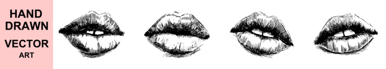 Hand drawn lips vector art illustration showing expressive mouth sketch in vintage ink style, detailed lip texture for beauty, fashion, and artistic design projects.
