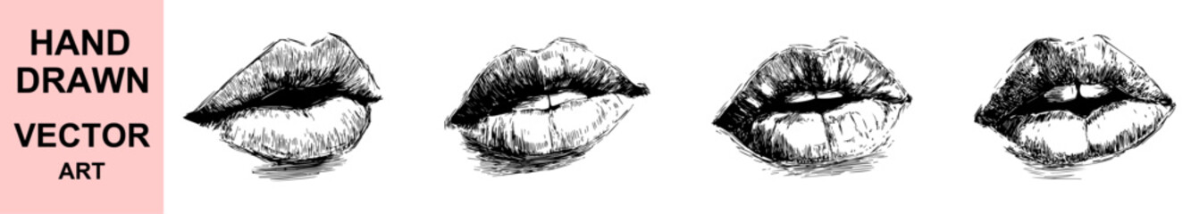 Vintage hand drawn lips vector illustration with bold sketch lines, expressive female mouth art, elegant monochrome design for fashion, makeup, and creative artwork use.