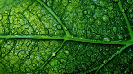 Macro Close-Up Of Green Leaf With Dew Drops And Intricate Vein Pattern