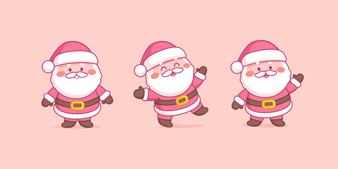 Set of Cute Pink Santa Claus in kawaii style in different poses. Cartoon Joyful Santa Claus for Christmas design. Funny Santa Claus in cartoon style for Merry Christmas holiday design. Editable vector