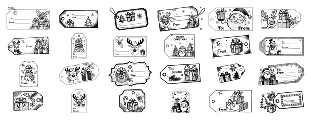 Christmas gift tag templates set – hand‑drawn vintage labels collection for presents