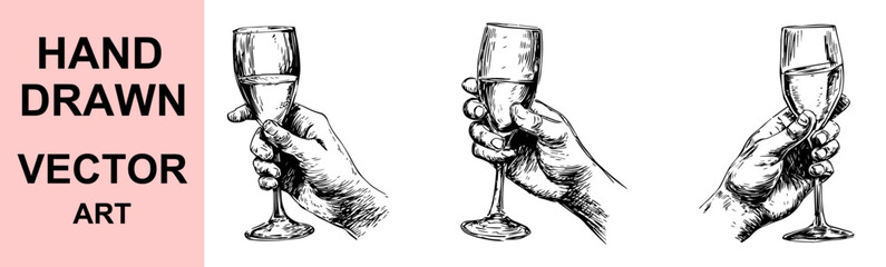 Realistic hand holding wine glass vector illustration in vintage sketch style, elegant detailed artwork perfect for bar design, celebration posters, drinks menu, and luxury branding.