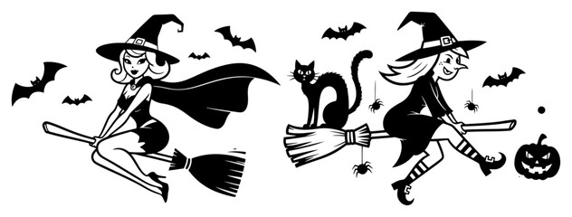 Flying witches duo with black cat and bats – dynamic Halloween composition