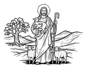 Obraz premium Good Shepherd Jesus holding lamb with sheep in pasture – biblical illustration