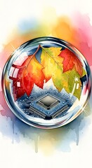 Techno-Nature Fusion: Crystal Ball with Autumn Leaves and Microchip Reflection