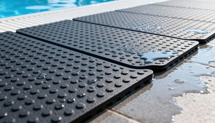 Medium shot of rubberized flooring panels installed in a poolside wet area demonstrating flexible slipresistant protection that prevents accidents and offers comfort underfoot.