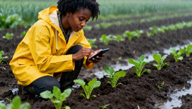 Woman farmer in a yellow raincoat using a smartphone in a rainy agricultural field. Smart farming and agritech innovation