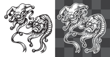 Fototapeta premium Twin Demonic Heads Vector Illustration in Vintage Tattoo Engraving Style Perfect for Posters Stickers Logos and Horror Artwork Featuring Gothic Sinister Monster Design with Tentacles and Fangs