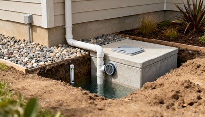 Medium shot of a compact underground rainwater tank installation adjacent to a residential building highlighting ecofriendly water conservation techniques.